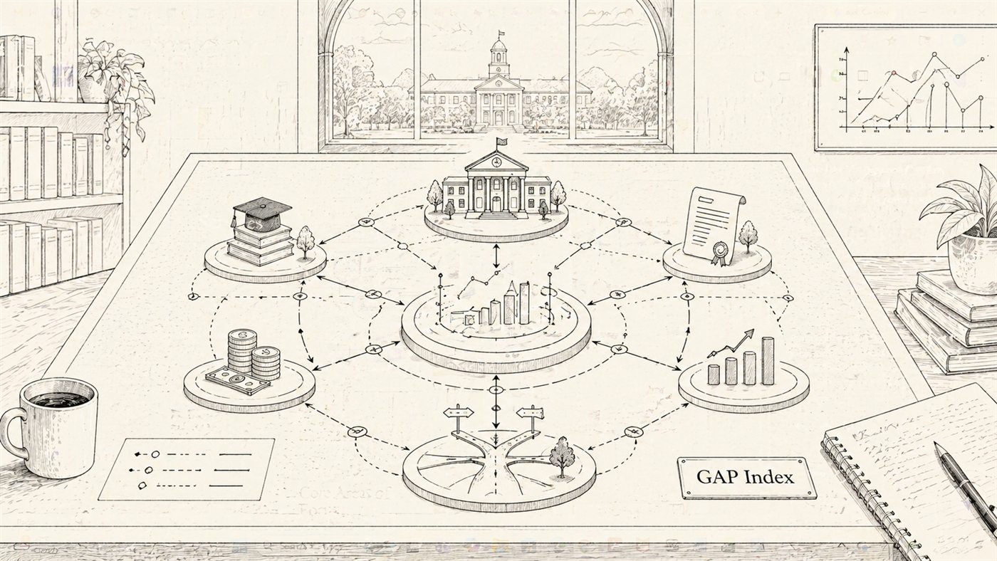 Illustrated analytical framework connecting campus decisions, finance, and policy.
