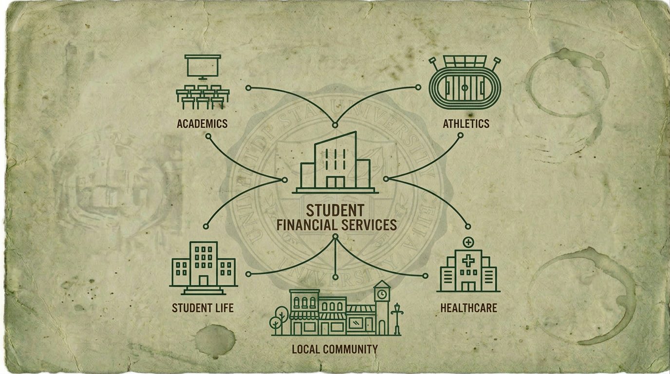 Illustration connecting financial aid with academics, athletics, student life, health care, and the local community.