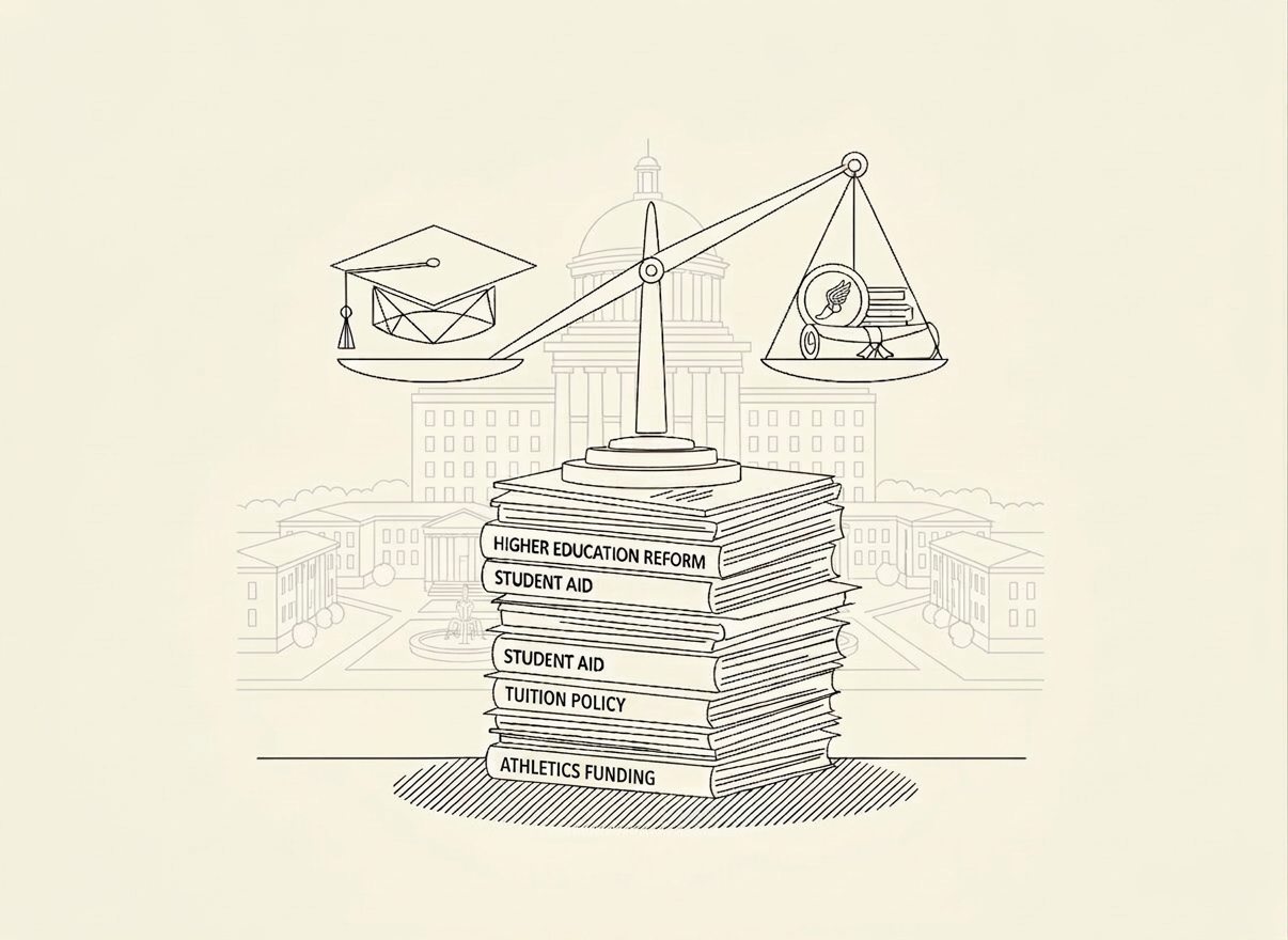 Illustrated scales balancing higher education policy decisions.