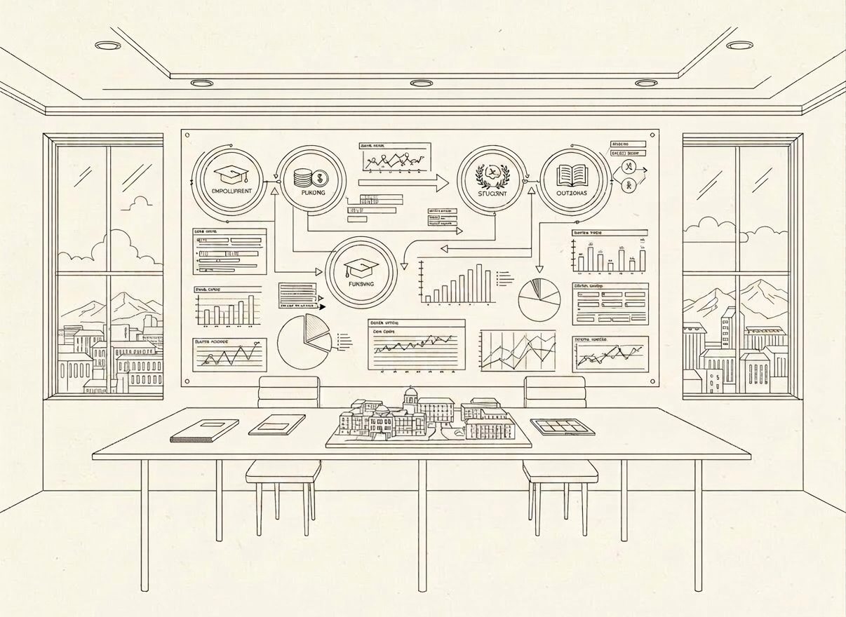 Illustrated higher education strategy room with analytical displays.