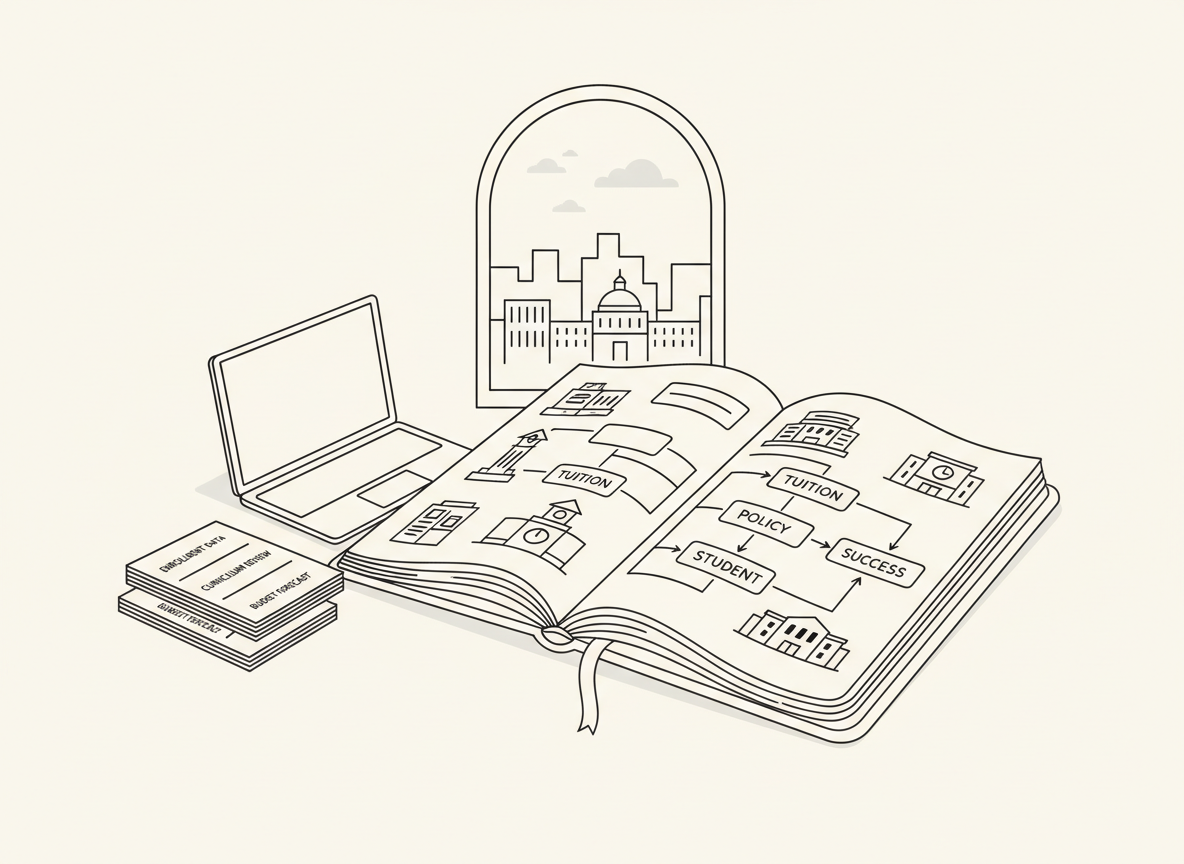 A refined line-art illustration of an open, oversized strategy notebook placed on a minimalist desk, its pages filled with neatly sketched campus icons, flowcharts, and arrows connecting terms like tuition, policy, and student success shown as empty label boxes. Beside the notebook sit a slim laptop in outline, a stack of reports, and a small, stylized campus skyline visible through a large window in the background, all rendered in precise black ink lines on a light background. The implied lighting is soft and diffused, as if from an overcast sky, casting no harsh shadows, reinforcing a thoughtful, analytical mood. The composition is viewed from a slightly elevated angle, with sharp line focus throughout, conveying orderly planning, strategic thinking, and sophisticated higher education guidance in a clean, modern line-art aesthetic.