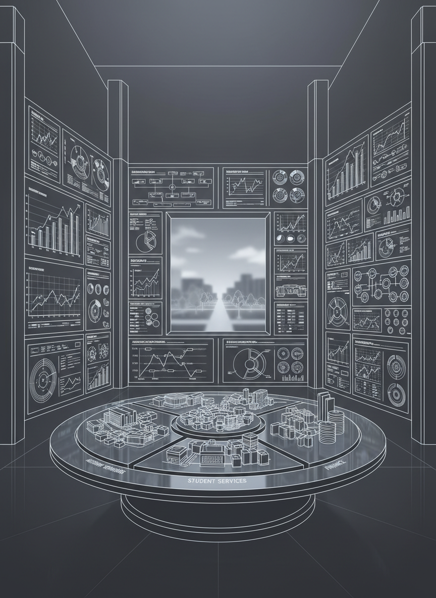 A specialized line-art illustration of a university data and policy “control room” where walls are covered in outlined panels showing enrollment curves, budget diagrams, and policy timelines, all represented by elegant, abstract graphs with blank labels. At the center, a circular table holds a segmented campus model divided into zones for academic programs, student services, and finance, each rendered in meticulous, geometric line work. The surrounding environment is minimal and architecturally modern, with tall, linear pillars and a hint of a distant campus quad seen through a framed opening. Implied lighting is cool and evenly distributed, enhancing a precise, analytical atmosphere. The composition uses a semi-isometric viewpoint, maintaining crisp detail across the space, suggesting a command-center approach to institutional strategy, policy change, and coordinated student finance, all in a polished, sophisticated line-art aesthetic.