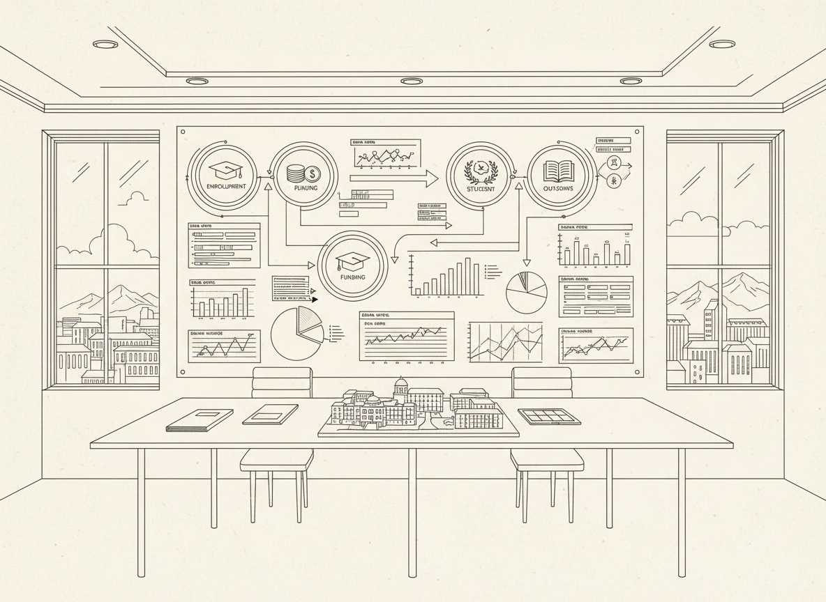 An intricate line-art illustration of an abstract decision dashboard for university leaders, displayed as a large wall-mounted panel filled with graphs, interconnected nodes, and icons representing enrollment, funding, and student outcomes, all labeled with blank text boxes. Below, a long, minimalist conference table holds neatly arranged folders, a tablet, and a small campus model of domed buildings and residence halls, all drawn with fine, controlled ink lines. The environment suggests a high-level boardroom overlooking a stylized campus skyline through tall windows, indicated with simple linear outlines. Implied lighting is soft and indirect, as if from recessed fixtures, creating a composed, analytical mood. The composition uses a slightly wide, eye-level perspective with sharp detail across the frame, conveying complex institutional strategy made clear through elegant, sophisticated line-art.