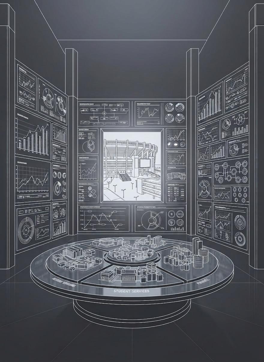 A specialized line-art illustration of a university data and policy “control room” where walls are covered in outlined panels showing enrollment curves, budget diagrams, and policy timelines, all represented by elegant, abstract graphs with blank labels. At the center, a circular table holds a segmented campus model divided into zones for academic programs, student services, and finance, each rendered in meticulous, geometric line work. The surrounding environment is minimal and architecturally modern, with tall, linear pillars and a hint of a distant campus quad seen through a framed opening. Implied lighting is cool and evenly distributed, enhancing a precise, analytical atmosphere. The composition uses a semi-isometric viewpoint, maintaining crisp detail across the space, suggesting a command-center approach to institutional strategy, policy change, and coordinated student finance, all in a polished, sophisticated line-art aesthetic.