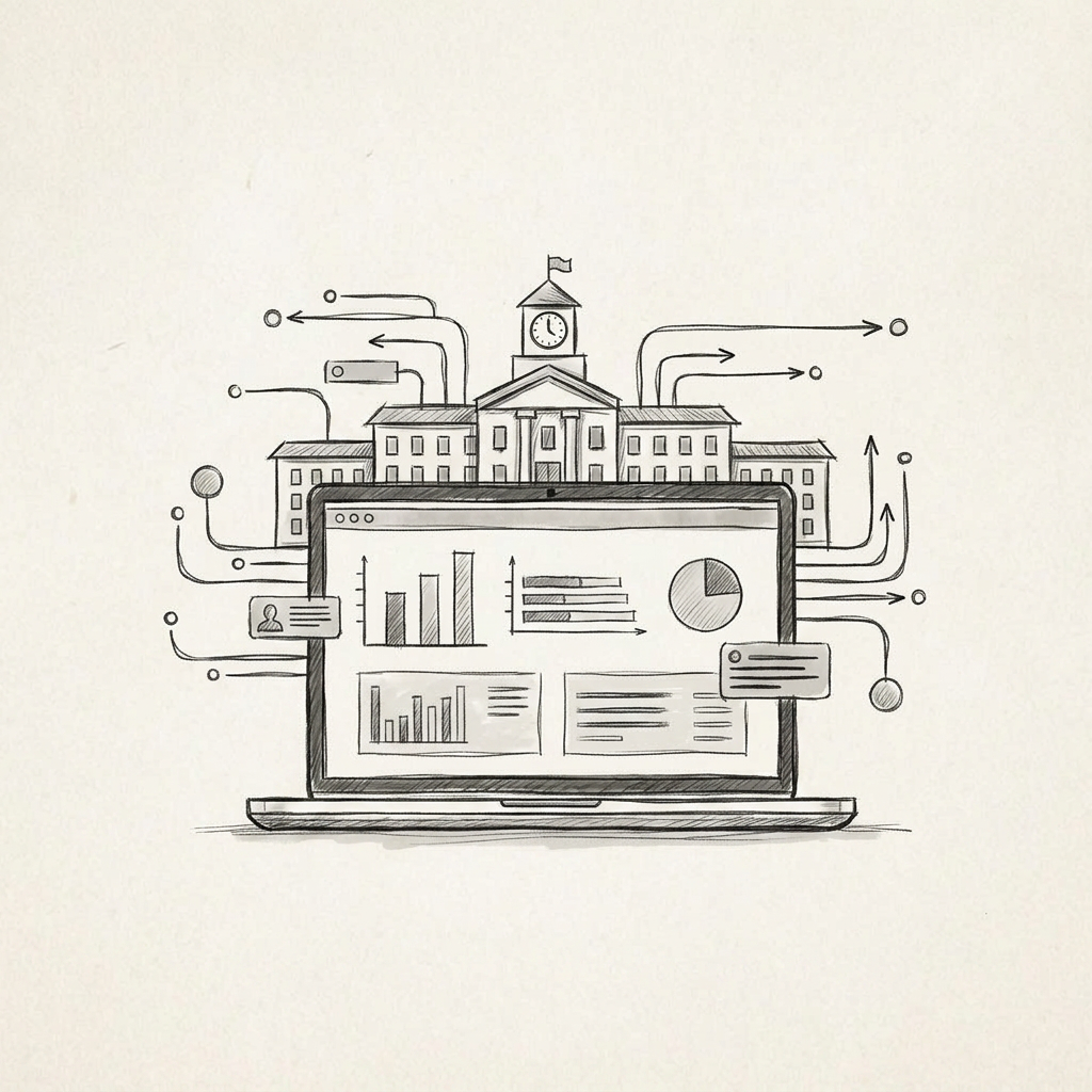 A clean, modern line-art illustration in the same visual style as the About section image for Campus Access Partners. Show a stylized campus financial dashboard on a laptop with charts and graphs, a simplified campus skyline in the background, and abstract shapes suggesting data flows and student financing, using the same minimal color palette and line-weight style as the other site illustrations.