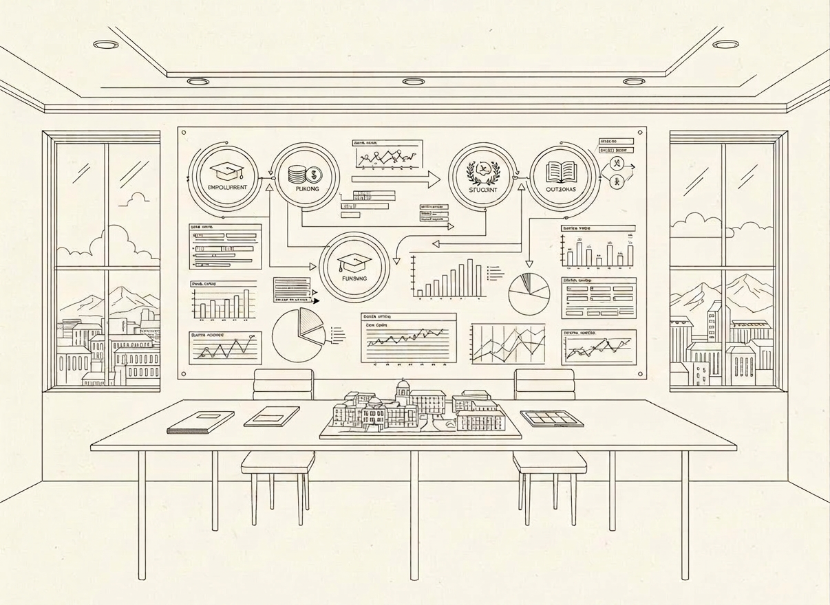 An intricate line-art illustration of an abstract decision dashboard for university leaders, displayed as a large wall-mounted panel filled with graphs, interconnected nodes, and icons representing enrollment, funding, and student outcomes, all labeled with blank text boxes. Below, a long, minimalist conference table holds neatly arranged folders, a tablet, and a small campus model of domed buildings and residence halls, all drawn with fine, controlled ink lines. The environment suggests a high-level boardroom overlooking a stylized campus skyline through tall windows, indicated with simple linear outlines. Implied lighting is soft and indirect, as if from recessed fixtures, creating a composed, analytical mood. The composition uses a slightly wide, eye-level perspective with sharp detail across the frame, conveying complex institutional strategy made clear through elegant, sophisticated line-art.