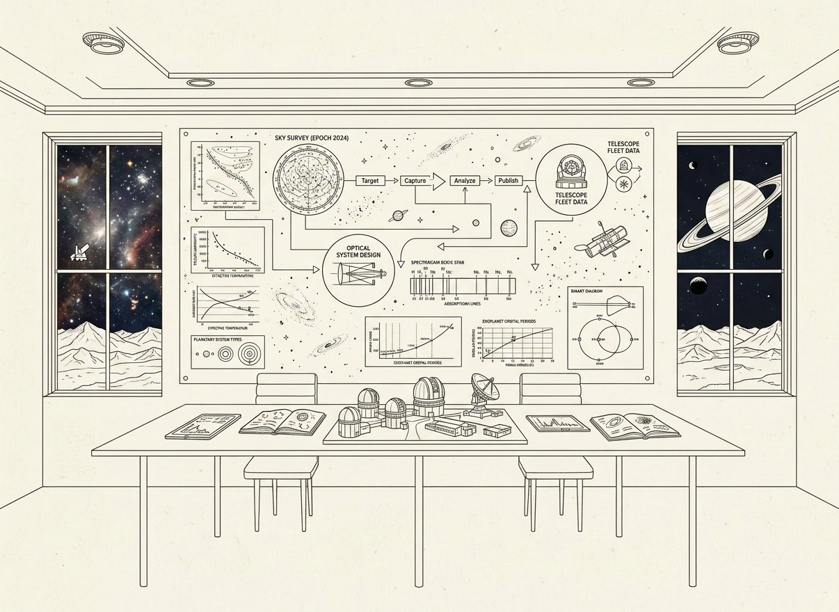 An intricate line-art illustration of an abstract decision dashboard for university leaders, displayed as a large wall-mounted panel filled with graphs, interconnected nodes, and icons representing enrollment, funding, and student outcomes, all labeled with blank text boxes. Below, a long, minimalist conference table holds neatly arranged folders, a tablet, and a small campus model of domed buildings and residence halls, all drawn with fine, controlled ink lines. The environment suggests a high-level boardroom overlooking a stylized campus skyline through tall windows, indicated with simple linear outlines. Implied lighting is soft and indirect, as if from recessed fixtures, creating a composed, analytical mood. The composition uses a slightly wide, eye-level perspective with sharp detail across the frame, conveying complex institutional strategy made clear through elegant, sophisticated line-art.