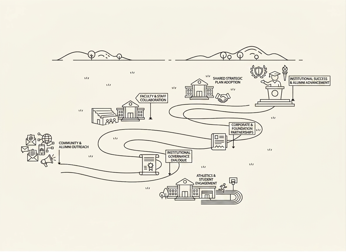 A nuanced line-art illustration of the student finance journey depicted as a winding path across a stylized campus landscape. The path begins at a stack of simplified financial documents and flows past icons of a financial aid office, a scholarship certificate, a policy book, and finally a minimalist graduation stage with a podium, all rendered as precise contour drawings. Along the route, subtle signposts with blank panels mark key decision points. The background is a soft, empty field with light stippling to suggest terrain, maintaining a minimalist feel. Implied lighting is gentle and even, supporting a calm, guided mood. The composition is slightly aerial, showing the entire path in one continuous view with clear, flowing lines, emphasizing navigation, clarity, and supportive guidance through complex student finance, in a clean, sophisticated line-art style.