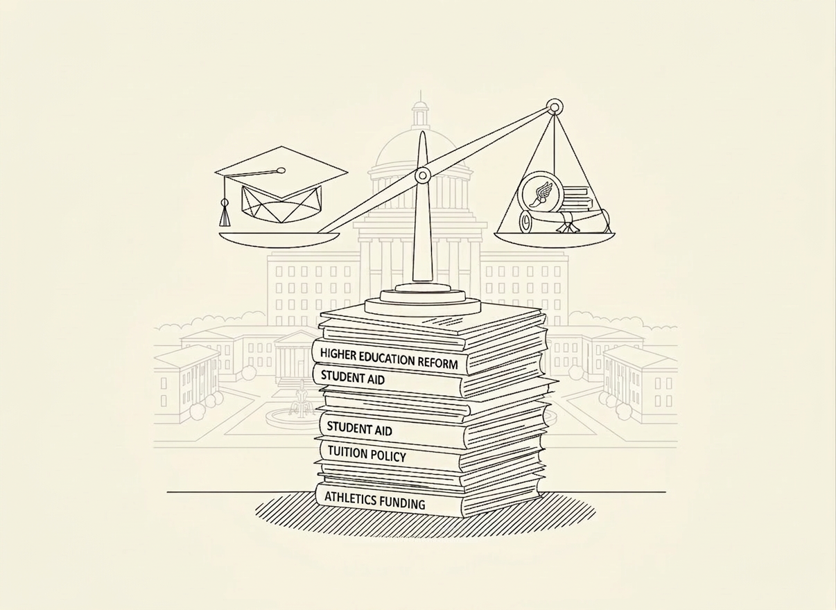 A detailed line-art illustration of a balanced scale standing atop a stack of blank policy documents, symbolizing higher education policy decisions. On one side of the scale sits an abstract graduation cap icon; on the other side, a stylized coin and document bundle, all rendered in crisp, continuous ink lines. Behind the scale rises a minimalist government building façade and a faint outline of a campus quad, giving a sense of interconnected institutions. The background remains uncluttered, with subtle cross-hatching suggesting depth rather than color. Implied lighting is calm and even, evoking a neutral, deliberative atmosphere. The camera-like perspective is eye-level, with centered, symmetrical composition to stress balance, fairness, and careful evaluation in student finance and policy, all in a sophisticated, modern line-art style.
